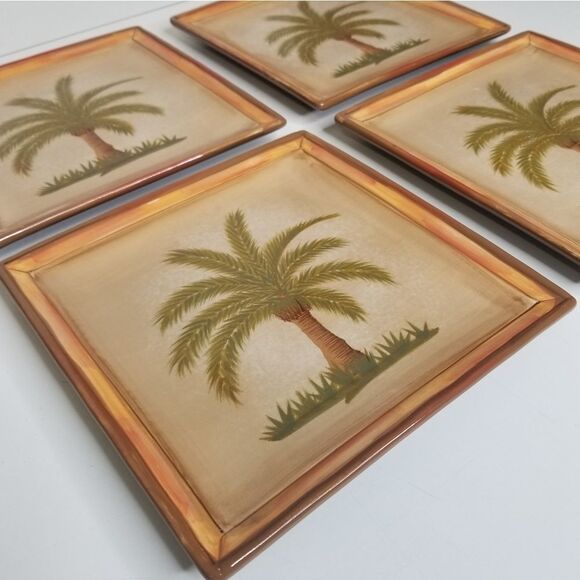 Clay Art Vintage Palm Tree Square Salad Plates Set of 4 - Picture 3 of 8